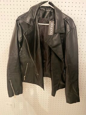Boohoo Black Faux Leather Moto Jacket with Zip Details